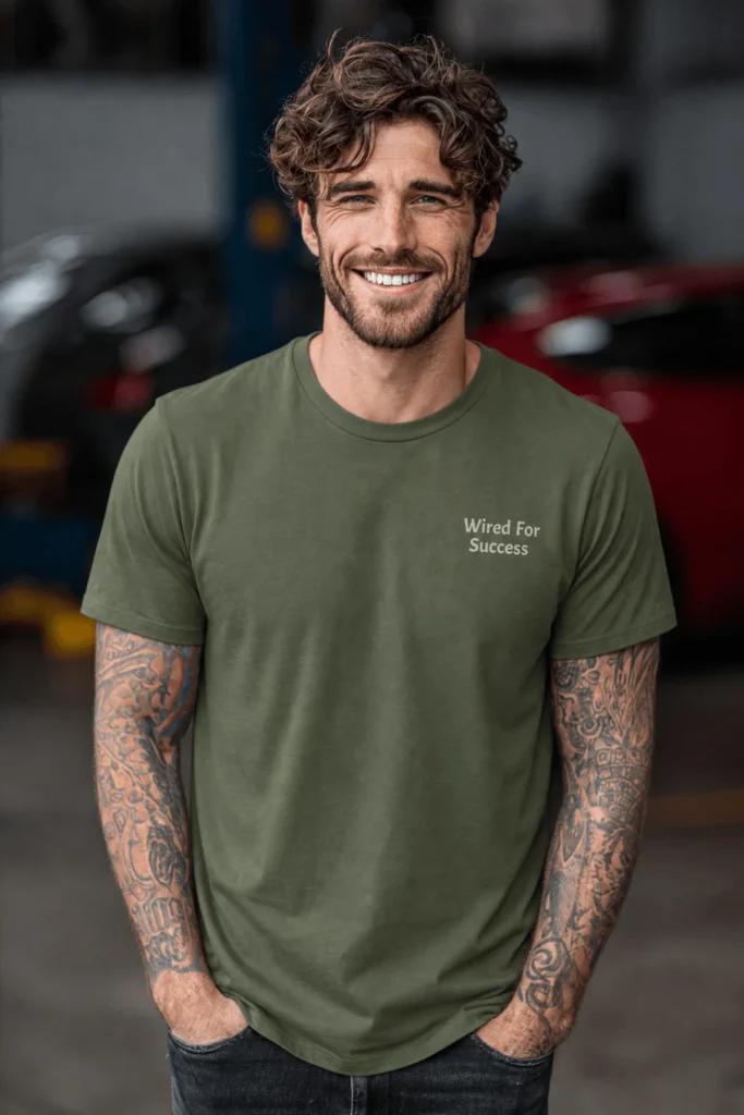 Funny Electrician Tech Tee - Back "I Make Bad Wiring Expensive" — Front "Wired For Success" Vintage Work Tee — military-green t-shirt, model photo | Pressure Tested Co