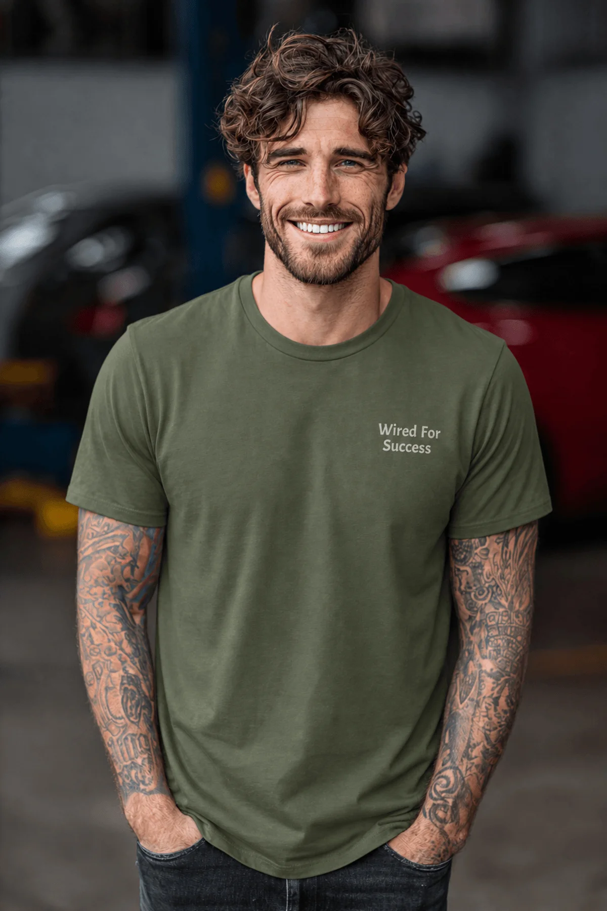 Funny Electrician Tech Tee - Back "I Make Bad Wiring Expensive" — Front "Wired For Success" Vintage Work Tee — military-green — Model Funny Electrician Tech Tee - Back "I Make Bad Wiring Expensive" — Front "Wired For Success" Vintage Work Tee — military-green t-shirt, model photo | Pressure Tested Co