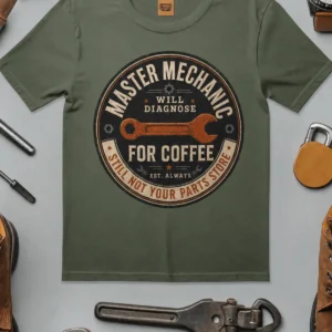 Mechanic T-Shirt — "Master Mechanic: Will Diagnose for Coffee" Retro Wrench Tee - Image 18