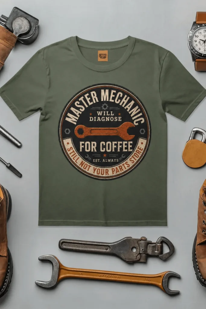 Mechanic T-Shirt — "Master Mechanic: Will Diagnose for Coffee" Retro Wrench Tee