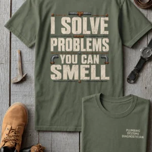 Funny Plumber Repair Graphic Tee "I Solve Problems You Can Smell" Back - "Plumbing Systems Diagnostician" Front — moss t-shirt, flat-lay product photo | Pressure Tested Co