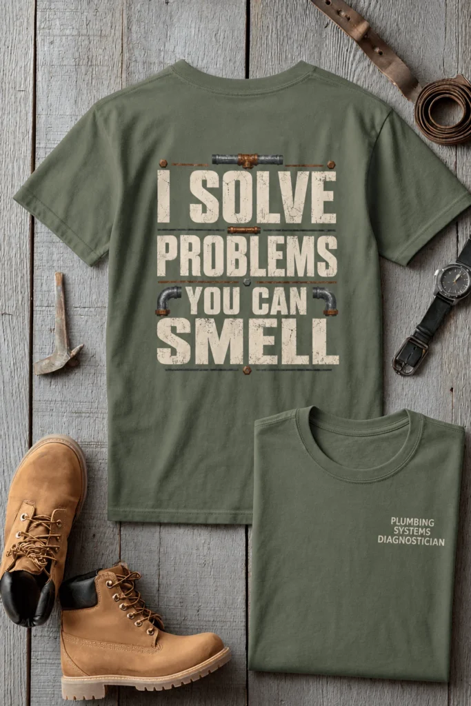 Funny Plumber Repair Graphic Tee "I Solve Problems You Can Smell" Back - "Plumbing Systems Diagnostician" Front — moss t-shirt, flat-lay product photo | Pressure Tested Co