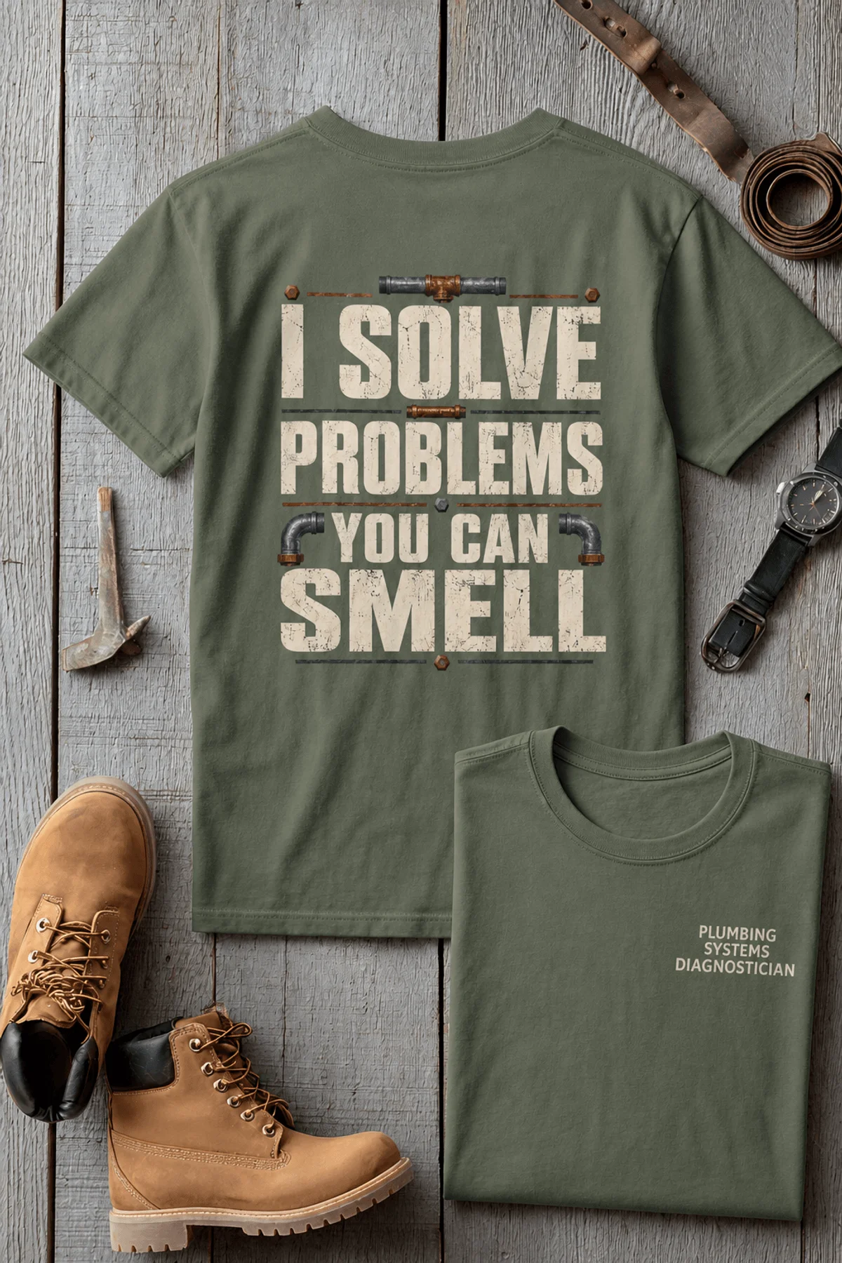Funny Plumber Repair Graphic Tee "I Solve Problems You Can Smell" Back - "Plumbing Systems Diagnostician" Front — moss — Flat-lay Funny Plumber Repair Graphic Tee "I Solve Problems You Can Smell" Back - "Plumbing Systems Diagnostician" Front — moss t-shirt, flat-lay product photo | Pressure Tested Co