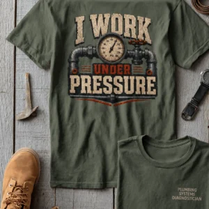 Funny Plumber Repair Graphic Tee "I Work Under Pressure" Back - "Plumbing Systems Diagnostician" Front — moss t-shirt, flat-lay product photo | Pressure Tested Co
