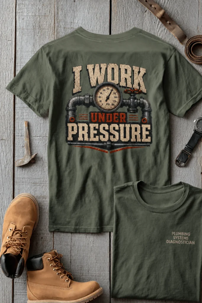 Funny Plumber Repair Graphic Tee "I Work Under Pressure" Back - "Plumbing Systems Diagnostician" Front — moss t-shirt, flat-lay product photo | Pressure Tested Co