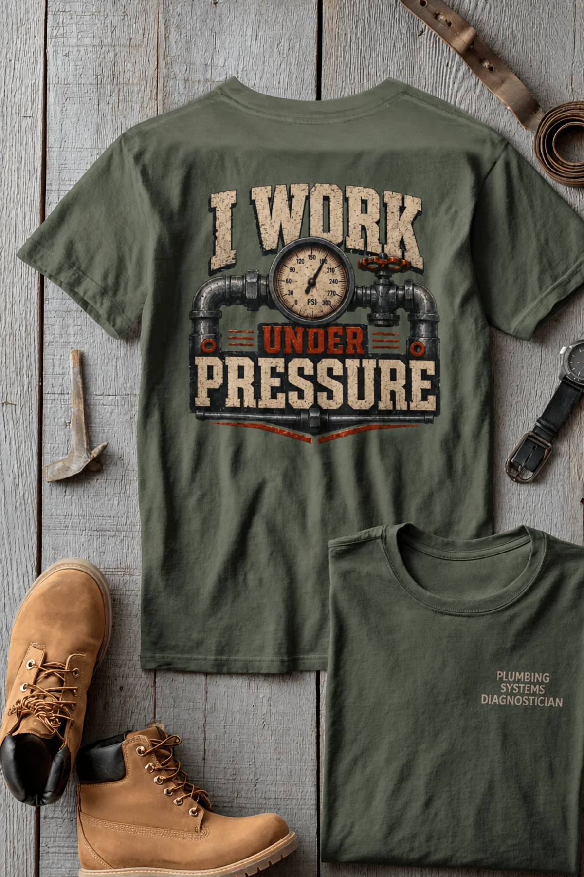 Funny Plumber Repair Graphic Tee "I Work Under Pressure" Back - "Plumbing Systems Diagnostician" Front — moss t-shirt, flat-lay product photo | Pressure Tested Co
