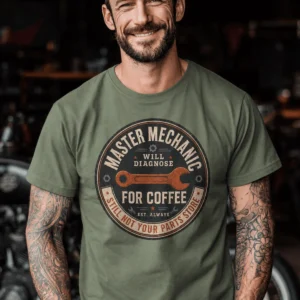 Mechanic T-Shirt — "Master Mechanic: Will Diagnose for Coffee" Retro Wrench Tee - Image 17
