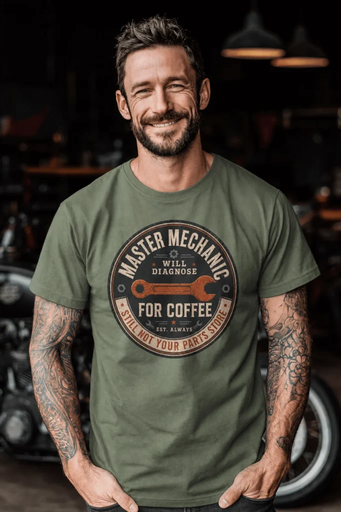 Mechanic T-Shirt — "Master Mechanic: Will Diagnose for Coffee" Retro Wrench Tee
