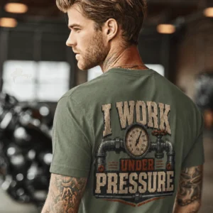 Funny Plumber Repair Graphic Tee "I Work Under Pressure" Back - "Plumbing Systems Diagnostician" Front — moss t-shirt, model photo | Pressure Tested Co