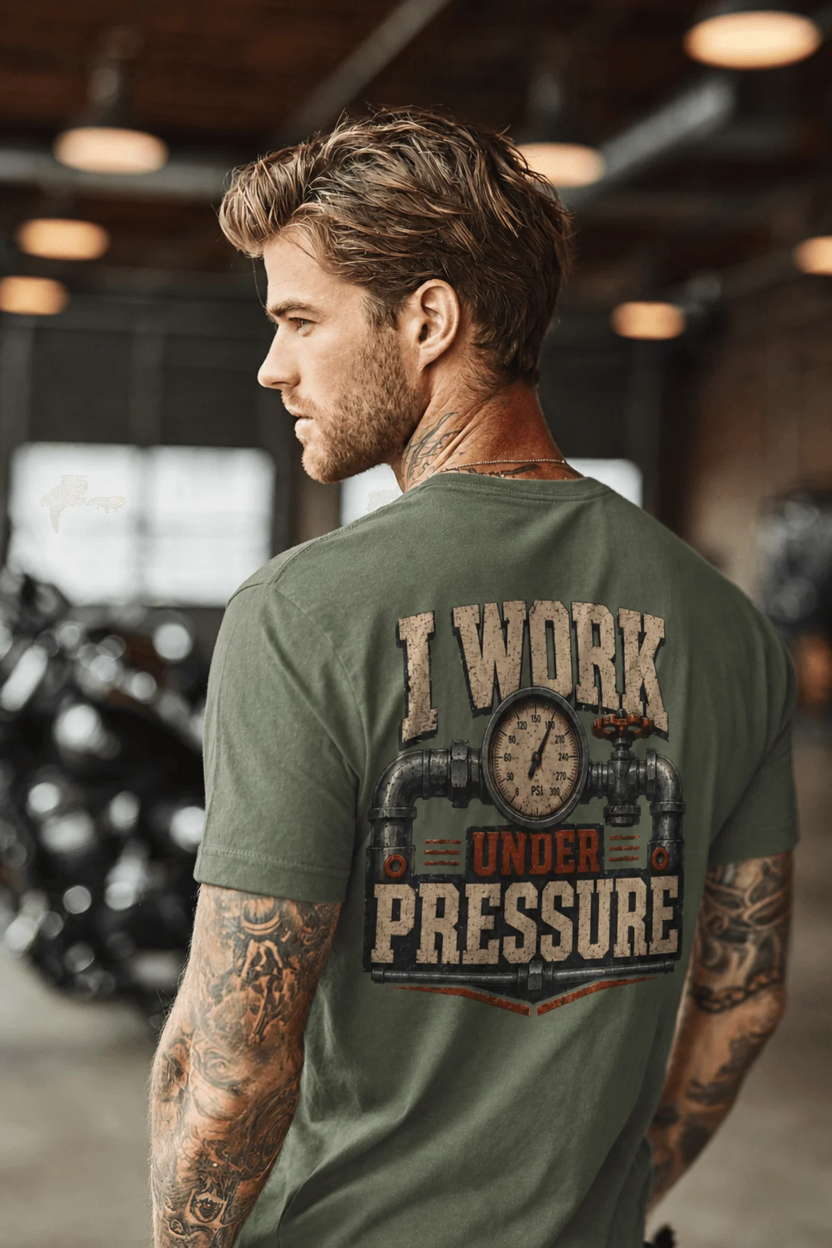 Funny Plumber Repair Graphic Tee "I Work Under Pressure" Back - "Plumbing Systems Diagnostician" Front — moss t-shirt, model photo | Pressure Tested Co