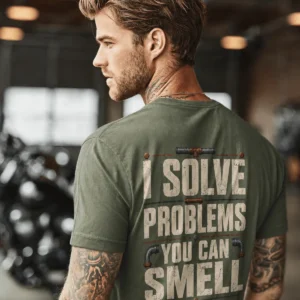 Funny Plumber Repair Graphic Tee "I Solve Problems You Can Smell" Back - "Plumbing Systems Diagnostician" Front — moss t-shirt, model photo | Pressure Tested Co