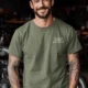Funny Plumber Repair Graphic Tee "I Work Under Pressure" Back - "Plumbing Systems Diagnostician" Front — moss t-shirt, model photo | Pressure Tested Co