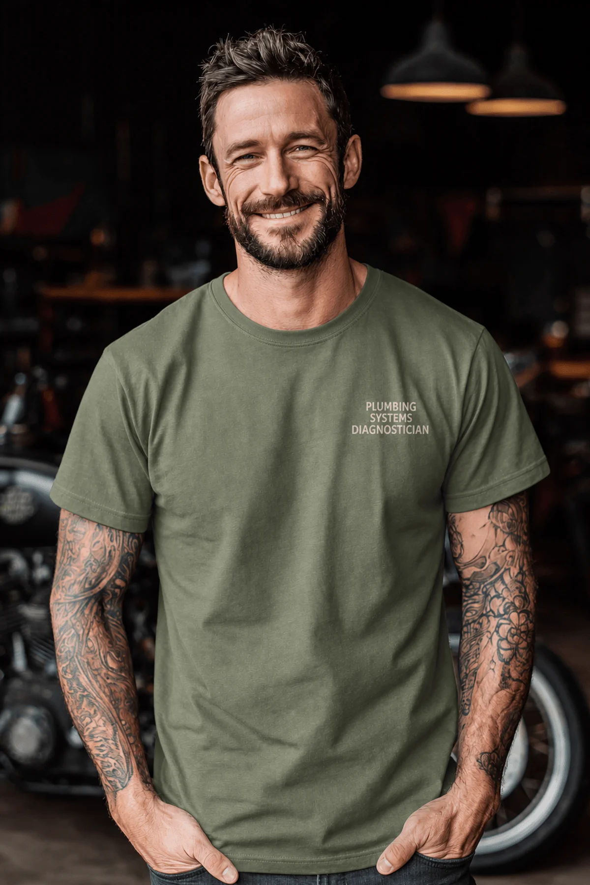 Funny Plumber Repair Graphic Tee "I Work Under Pressure" Back - "Plumbing Systems Diagnostician" Front — moss t-shirt, model photo | Pressure Tested Co