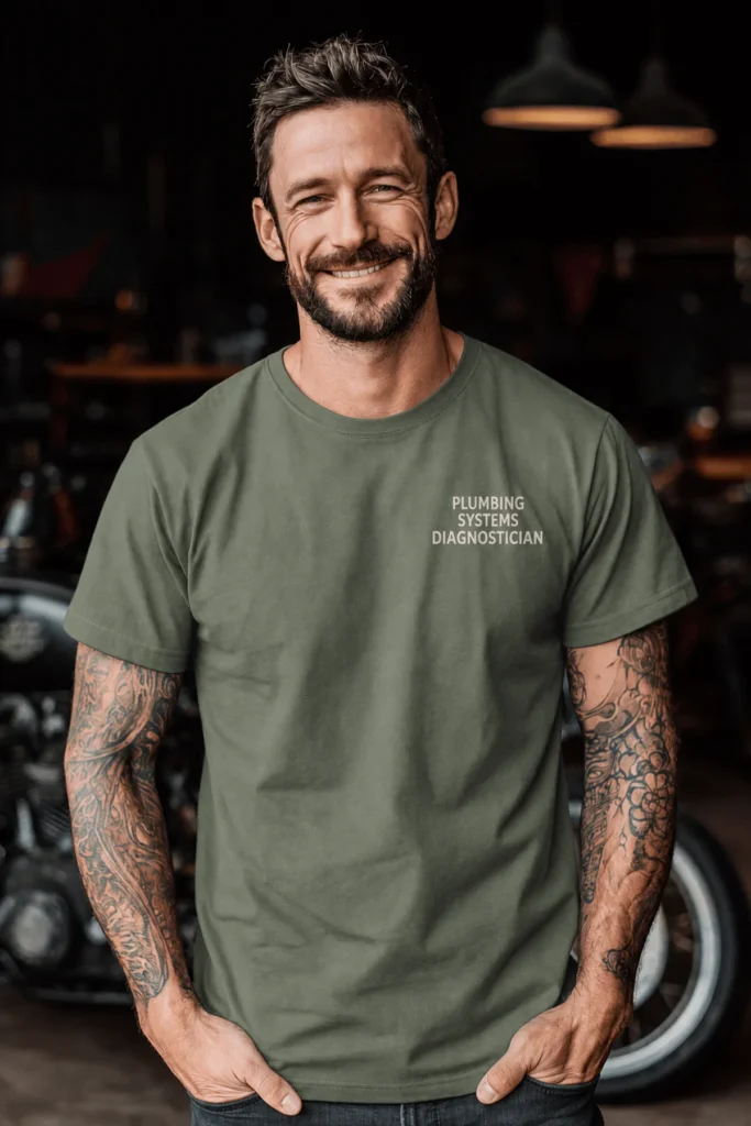 Funny Plumber Repair Graphic Tee "I Solve Problems You Can Smell" Back - "Plumbing Systems Diagnostician" Front — moss t-shirt, model photo | Pressure Tested Co