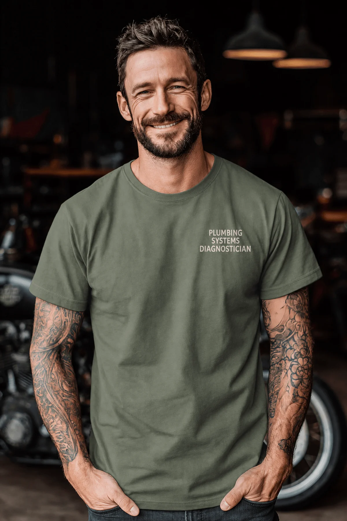 Funny Plumber Repair Graphic Tee "I Solve Problems You Can Smell" Back - "Plumbing Systems Diagnostician" Front — moss — Model Funny Plumber Repair Graphic Tee "I Solve Problems You Can Smell" Back - "Plumbing Systems Diagnostician" Front — moss t-shirt, model photo | Pressure Tested Co
