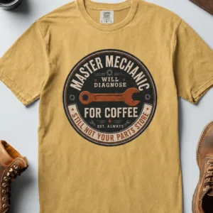Mechanic T-Shirt — "Master Mechanic: Will Diagnose for Coffee" Retro Wrench Tee - Image 20