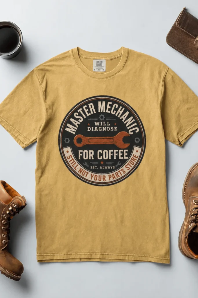 Mechanic T-Shirt — "Master Mechanic: Will Diagnose for Coffee" Retro Wrench Tee