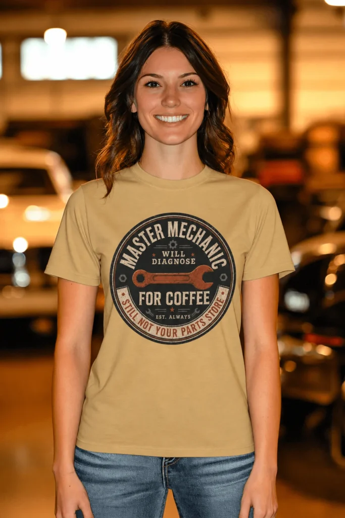 Mechanic T-Shirt — "Master Mechanic: Will Diagnose for Coffee" Retro Wrench Tee