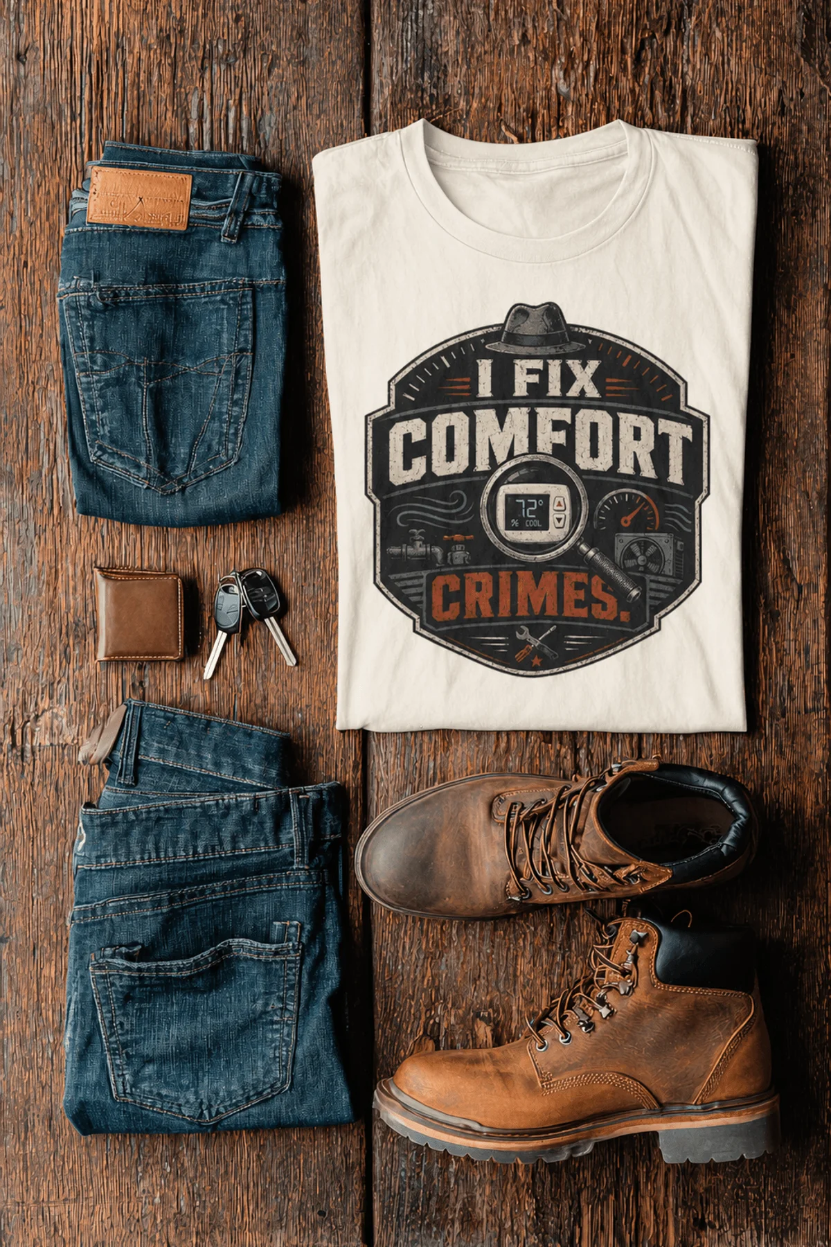 Funny HVAC Tech Tee "I Fix Comfort Crimes" — Furnace and Air Tech Work Tee — natural — Flat-lay Funny HVAC Tech Tee "I Fix Comfort Crimes" — Furnace and Air Tech Work Tee — natural t-shirt, flat-lay product photo | Pressure Tested Co