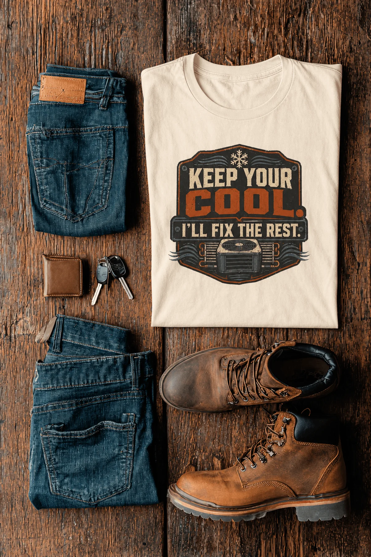 Funny HVAC Tee Shirt "Keep Your Cool. I'll Fix The Rest." T-Shirt – Vintage GraphicTee — natural — Flat-lay Funny HVAC Tee Shirt "Keep Your Cool. I'll Fix The Rest." T-Shirt – Vintage GraphicTee — natural t-shirt, flat-lay product photo | Pressure Tested Co