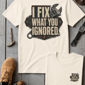 I Fix What You Ignored T-Shirt — Mechanic Wrench Tool Shirt for Technicians & DIYers — natural t-shirt, flat-lay product photo | Pressure Tested Co