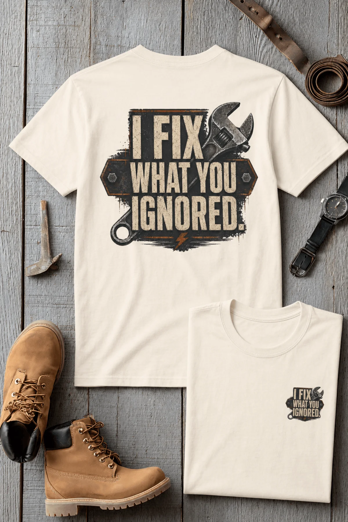 I Fix What You Ignored T-Shirt — Mechanic Wrench Tool Shirt for Technicians & DIYers — natural — Flat-lay I Fix What You Ignored T-Shirt — Mechanic Wrench Tool Shirt for Technicians & DIYers — natural t-shirt, flat-lay product photo | Pressure Tested Co