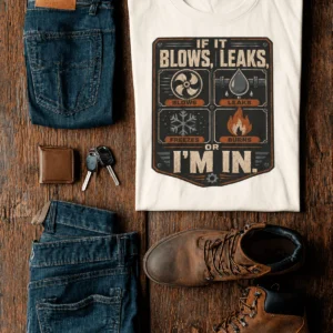 HVAC Technician T‑Shirt — "If It Blows, Leaks, Freezes or Burns I'm In" Retro Tradesmen Tee — natural t-shirt, flat-lay product photo | Pressure Tested Co
