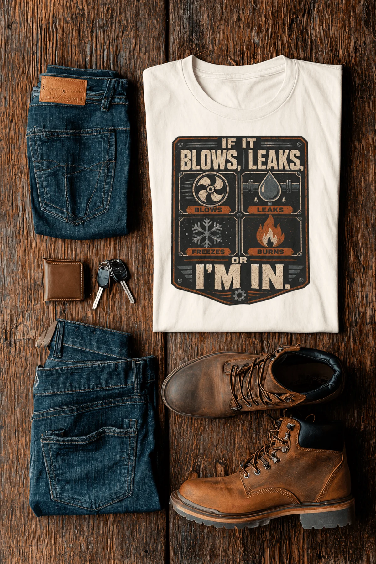HVAC Technician T‑Shirt — "If It Blows, Leaks, Freezes or Burns I'm In" Retro Tradesmen Tee — natural — Flat-lay HVAC Technician T‑Shirt — "If It Blows, Leaks, Freezes or Burns I'm In" Retro Tradesmen Tee — natural t-shirt, flat-lay product photo | Pressure Tested Co