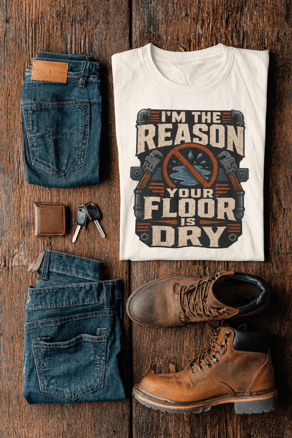 Plumber T‑Shirt – "I'm the Reason Your Floor Is Dry" Vintage Plumbing Tee — natural — Flat-lay Plumber T‑Shirt – "I'm the Reason Your Floor Is Dry" Vintage Plumbing Tee — natural t-shirt, flat-lay product photo | Pressure Tested Co