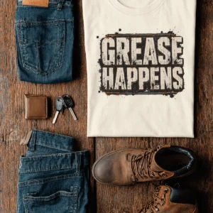 Grease Happens T-Shirt — Funny Mechanic Garage Tee — natural t-shirt, flat-lay product photo | Pressure Tested Co