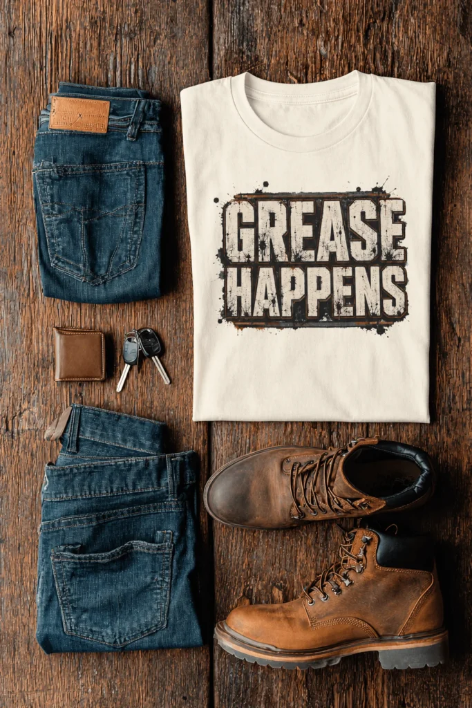 Grease Happens T-Shirt — Funny Mechanic Garage Tee — natural t-shirt, flat-lay product photo | Pressure Tested Co