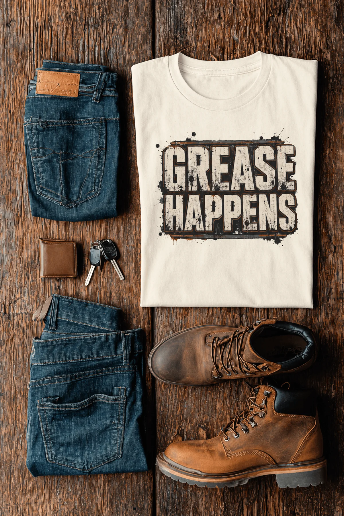 Grease Happens T-Shirt — Funny Mechanic Garage Tee — natural — Flat-lay Grease Happens T-Shirt — Funny Mechanic Garage Tee — natural t-shirt, flat-lay product photo | Pressure Tested Co