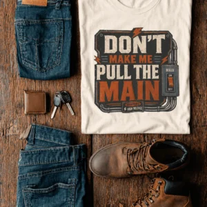 Funny Electrician/Maintenance Crew Tee Shirt "Don't Make Me Pull The Main" T-Shirt – Vintage GraphicTee — natural t-shirt, flat-lay product photo | Pressure Tested Co