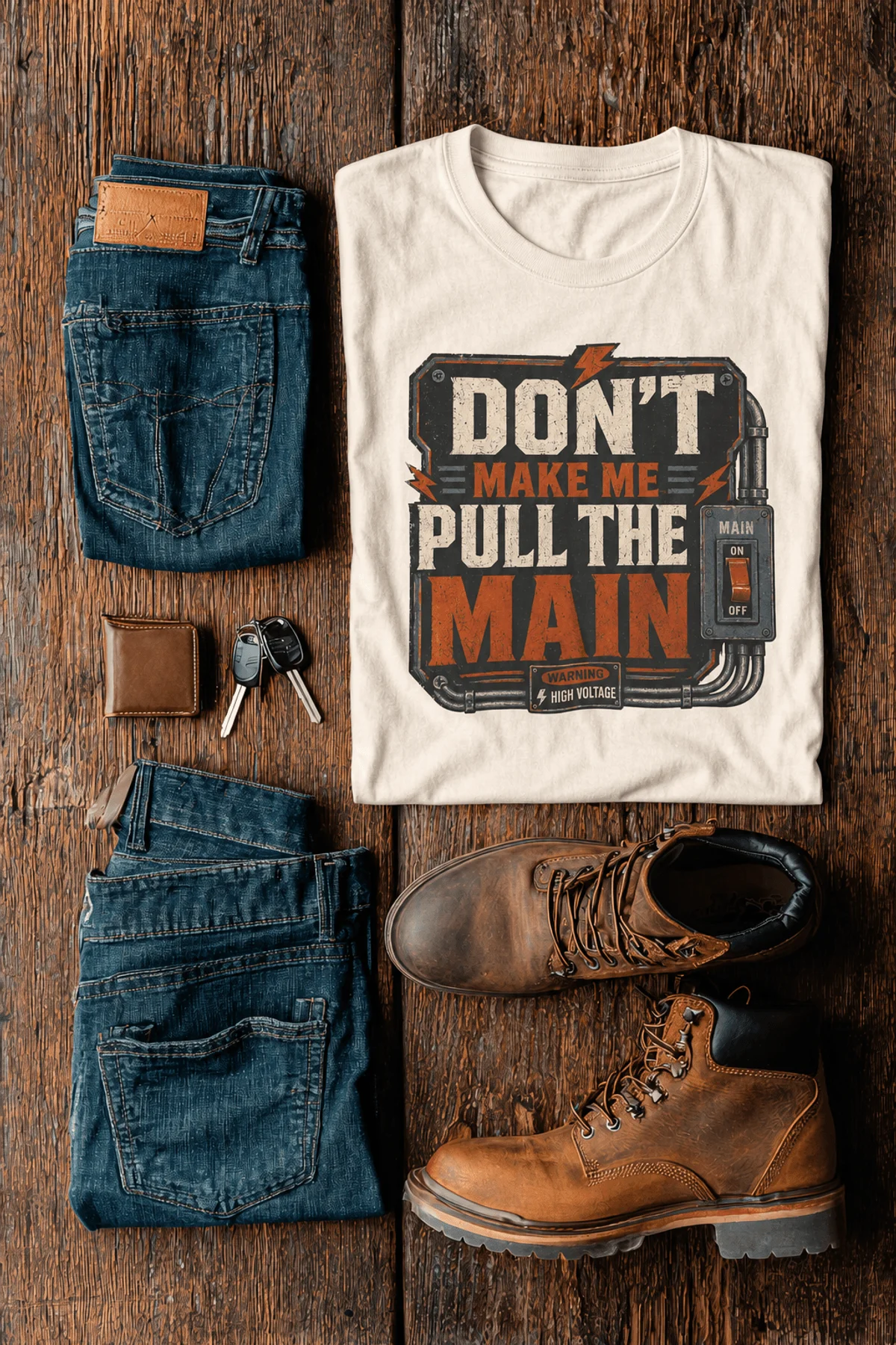 Funny Electrician/Maintenance Crew Tee Shirt "Don't Make Me Pull The Main" T-Shirt – Vintage GraphicTee — natural — Flat-lay Funny Electrician/Maintenance Crew Tee Shirt "Don't Make Me Pull The Main" T-Shirt – Vintage GraphicTee — natural t-shirt, flat-lay product photo | Pressure Tested Co