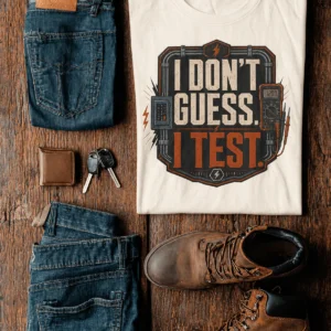 I Don't Guess I Test T-Shirt — Funny Tech Tee for Engineers and Electricians — natural t-shirt, flat-lay product photo | Pressure Tested Co