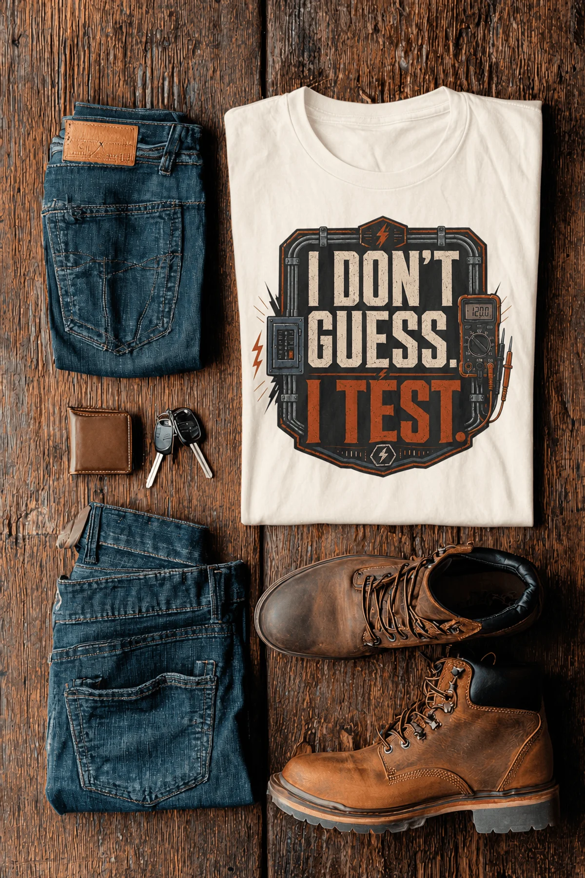 I Don't Guess I Test T-Shirt — Funny Tech Tee for Engineers and Electricians — natural — Flat-lay I Don't Guess I Test T-Shirt — Funny Tech Tee for Engineers and Electricians — natural t-shirt, flat-lay product photo | Pressure Tested Co