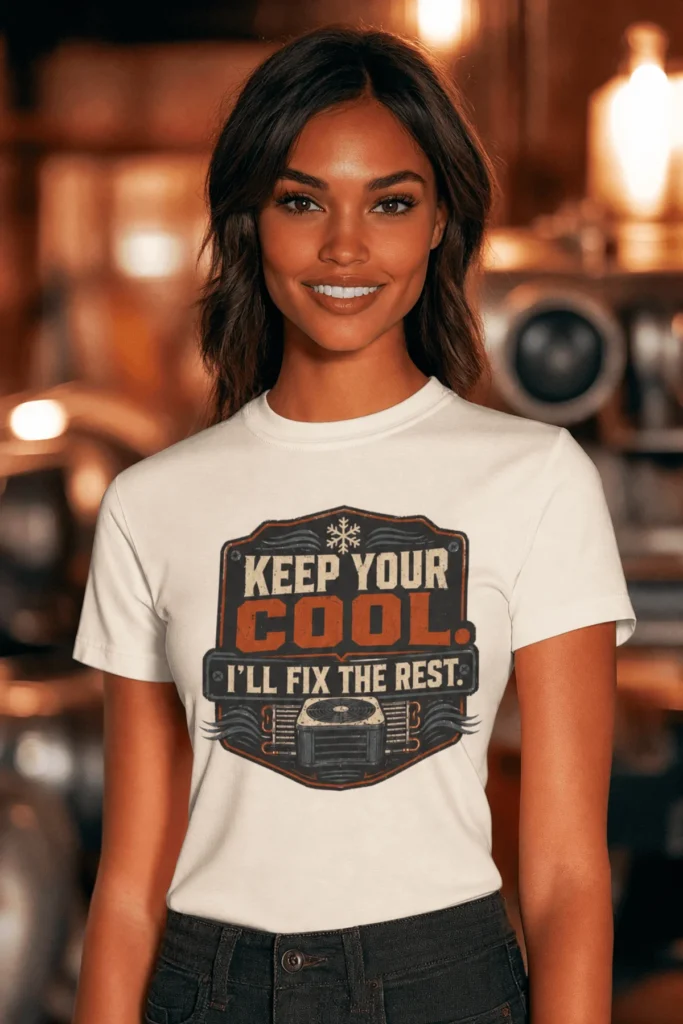Funny HVAC Tee Shirt "Keep Your Cool. I'll Fix The Rest." T-Shirt – Vintage GraphicTee — natural t-shirt, model photo | Pressure Tested Co
