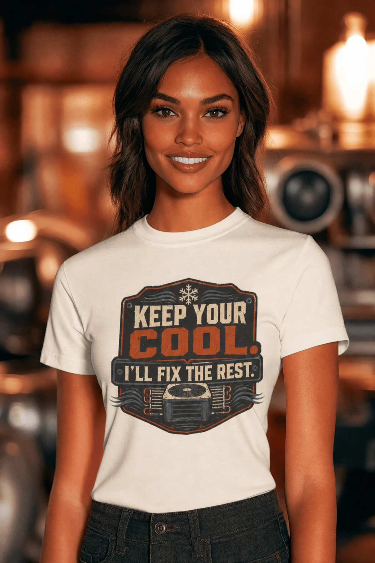 Funny HVAC Tee Shirt "Keep Your Cool. I'll Fix The Rest." T-Shirt – Vintage GraphicTee — natural — Model Funny HVAC Tee Shirt "Keep Your Cool. I'll Fix The Rest." T-Shirt – Vintage GraphicTee — natural t-shirt, model photo | Pressure Tested Co