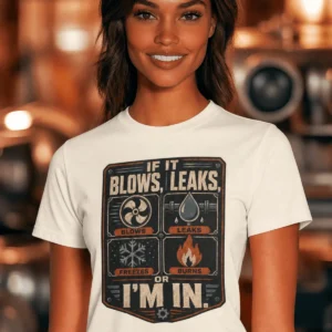 HVAC Technician T‑Shirt — "If It Blows, Leaks, Freezes or Burns I'm In" Retro Tradesmen Tee — natural t-shirt, model photo | Pressure Tested Co