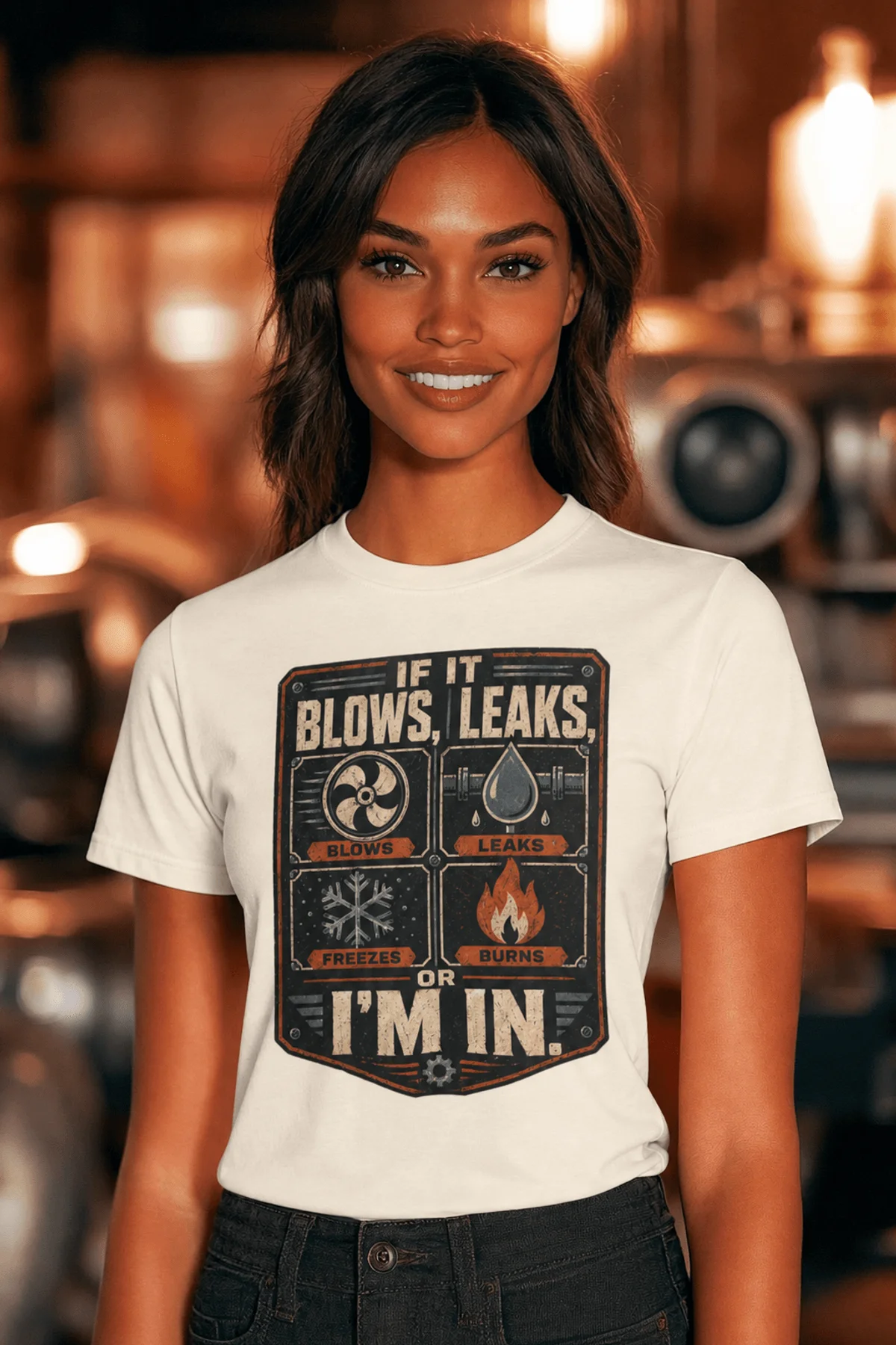 HVAC Technician T‑Shirt — "If It Blows, Leaks, Freezes or Burns I'm In" Retro Tradesmen Tee — natural — Model HVAC Technician T‑Shirt — "If It Blows, Leaks, Freezes or Burns I'm In" Retro Tradesmen Tee — natural t-shirt, model photo | Pressure Tested Co