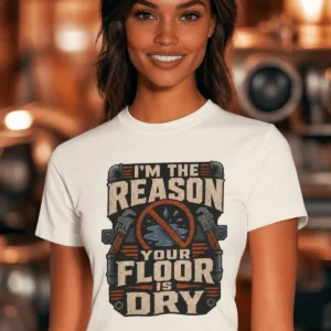 Plumber T‑Shirt – "I'm the Reason Your Floor Is Dry" Vintage Plumbing Tee — natural t-shirt, model photo | Pressure Tested Co