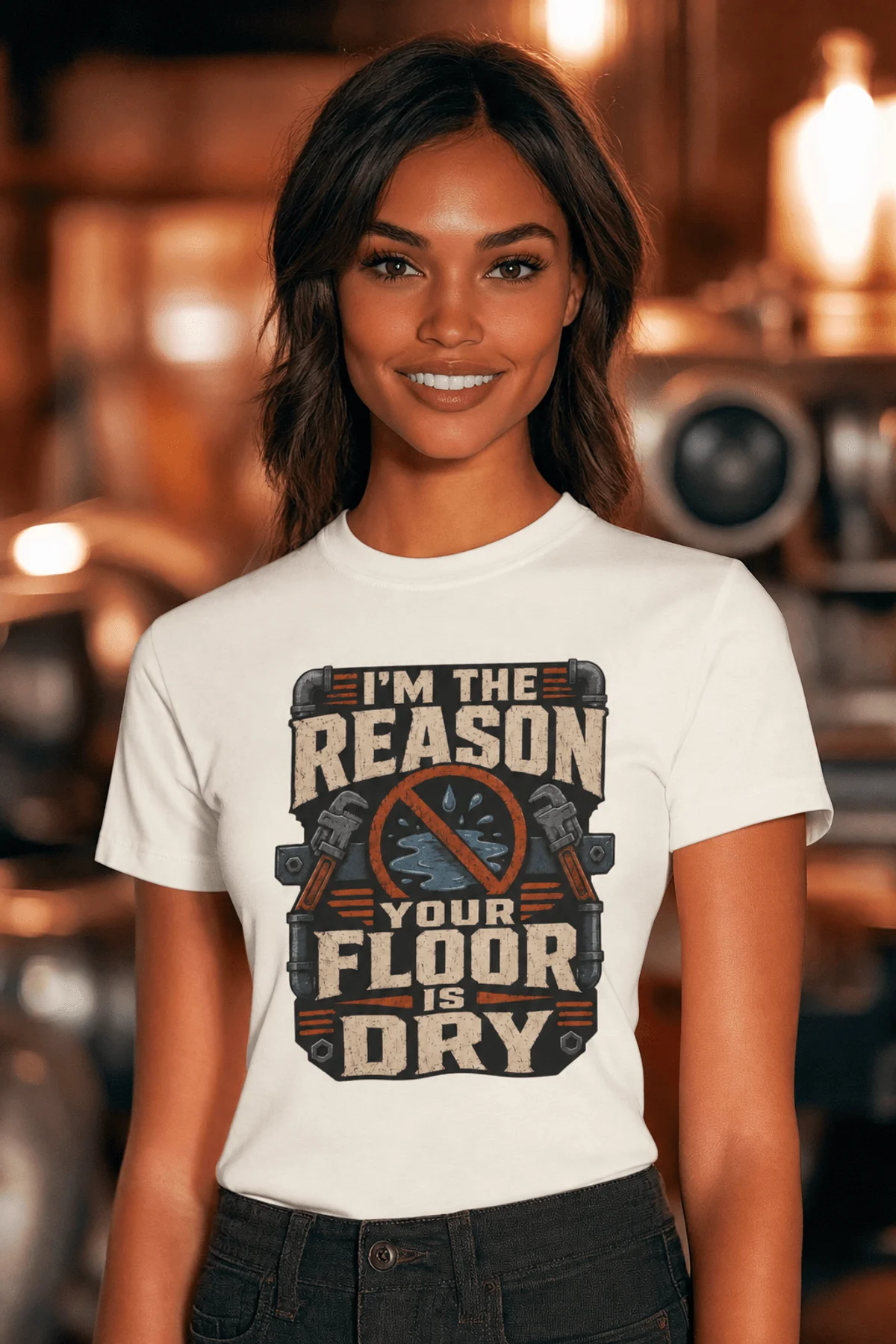 Plumber T‑Shirt – "I'm the Reason Your Floor Is Dry" Vintage Plumbing Tee — natural — Model Plumber T‑Shirt – "I'm the Reason Your Floor Is Dry" Vintage Plumbing Tee — natural t-shirt, model photo | Pressure Tested Co