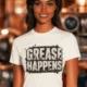 Grease Happens T-Shirt — Funny Mechanic Garage Tee — natural — Model Grease Happens T-Shirt — Funny Mechanic Garage Tee — natural t-shirt, model photo | Pressure Tested Co