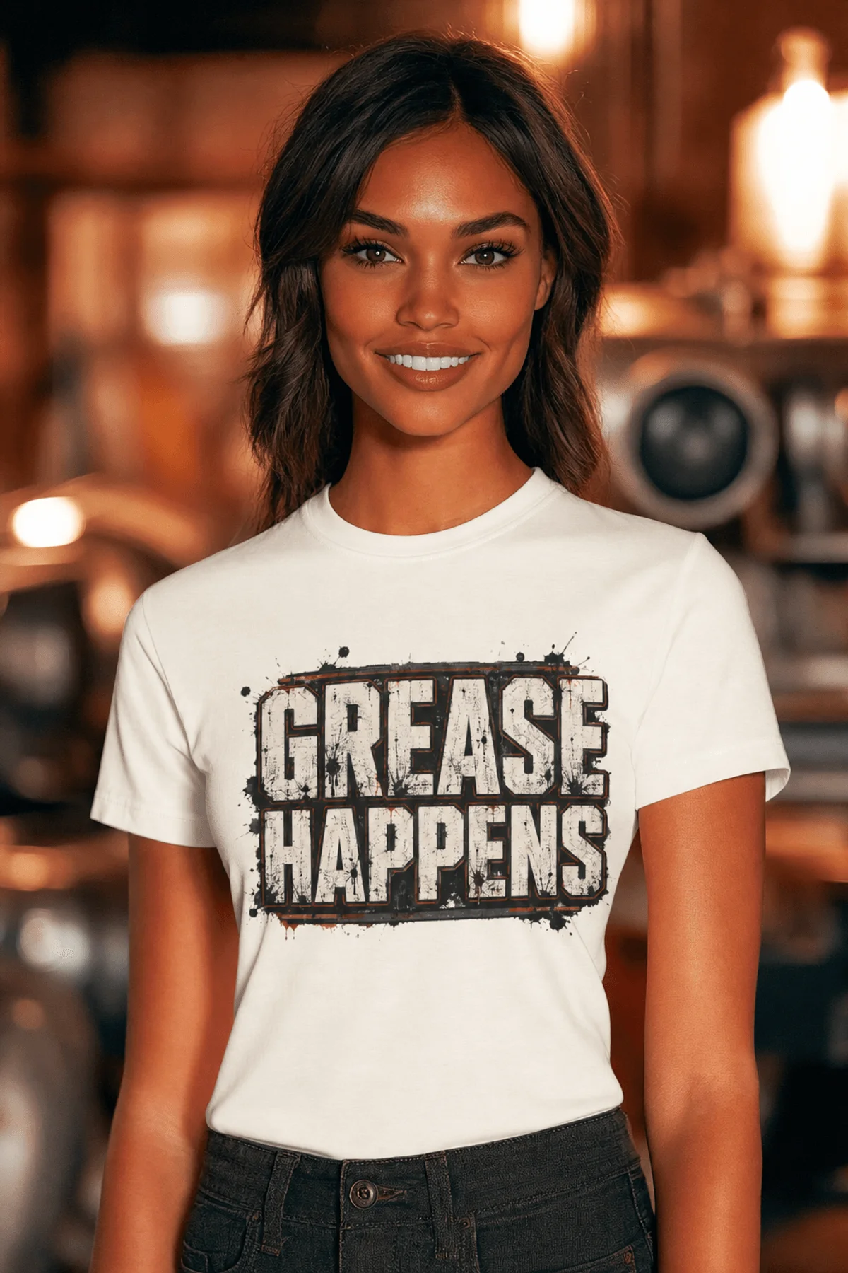 Grease Happens T-Shirt — Funny Mechanic Garage Tee — natural — Model Grease Happens T-Shirt — Funny Mechanic Garage Tee — natural t-shirt, model photo | Pressure Tested Co