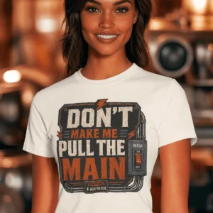 Funny Electrician/Maintenance Crew Tee Shirt "Don't Make Me Pull The Main" T-Shirt – Vintage GraphicTee — natural t-shirt, model photo | Pressure Tested Co