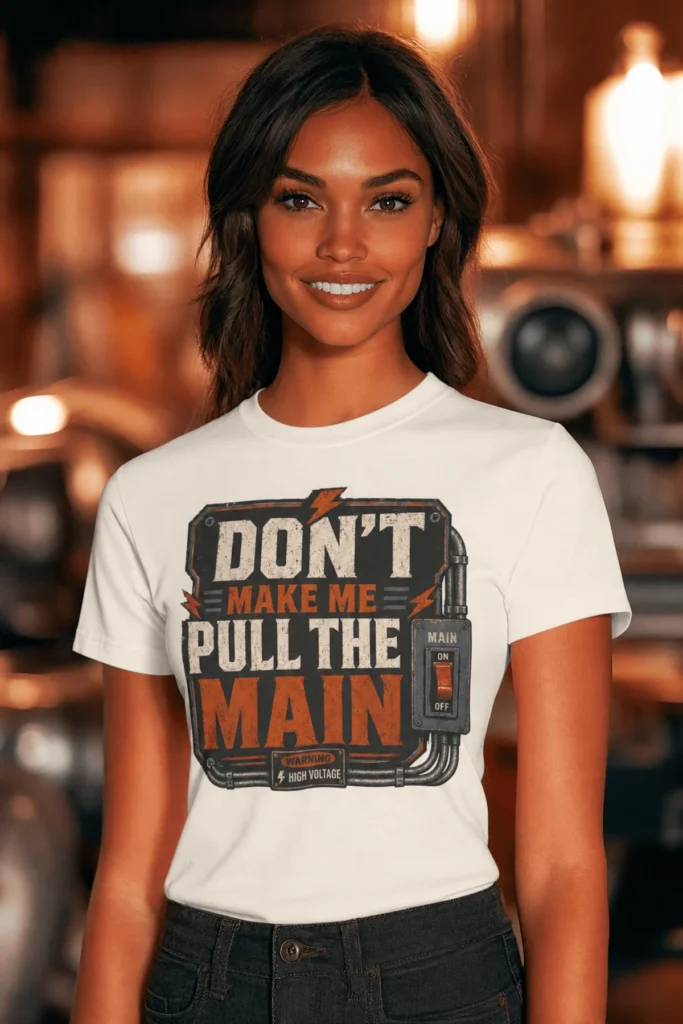 Funny Electrician/Maintenance Crew Tee Shirt "Don't Make Me Pull The Main" T-Shirt – Vintage GraphicTee — natural t-shirt, model photo | Pressure Tested Co