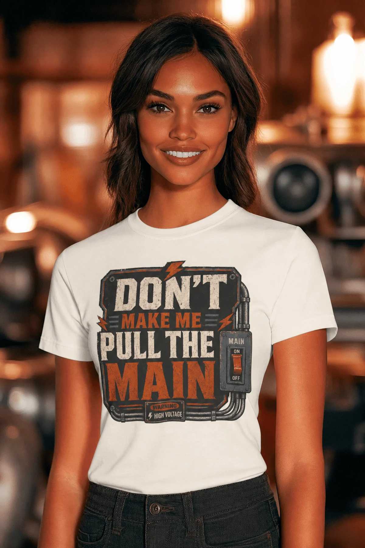 Funny Electrician/Maintenance Crew Tee Shirt "Don't Make Me Pull The Main" T-Shirt – Vintage GraphicTee — natural — Model Funny Electrician/Maintenance Crew Tee Shirt "Don't Make Me Pull The Main" T-Shirt – Vintage GraphicTee — natural t-shirt, model photo | Pressure Tested Co