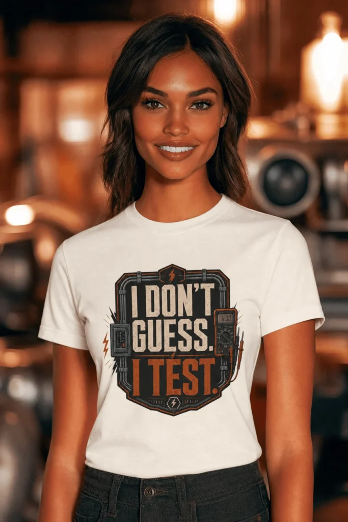 I Don't Guess I Test T-Shirt — Funny Tech Tee for Engineers and Electricians — natural t-shirt, model photo | Pressure Tested Co