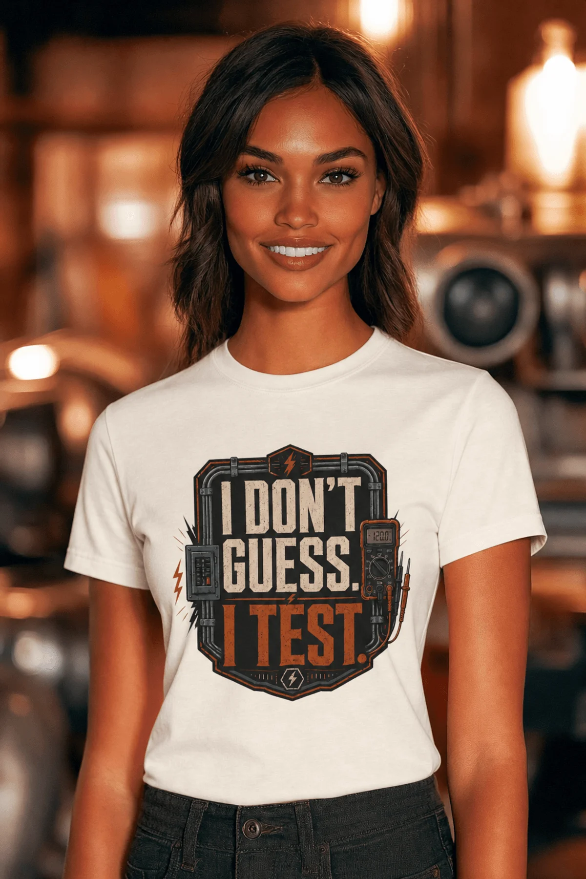 I Don't Guess I Test T-Shirt — Funny Tech Tee for Engineers and Electricians — natural — Model I Don't Guess I Test T-Shirt — Funny Tech Tee for Engineers and Electricians — natural t-shirt, model photo | Pressure Tested Co