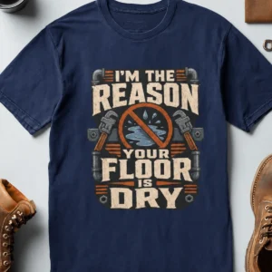 Plumber T‑Shirt – "I'm the Reason Your Floor Is Dry" Vintage Plumbing Tee — navy t-shirt, flat-lay product photo | Pressure Tested Co